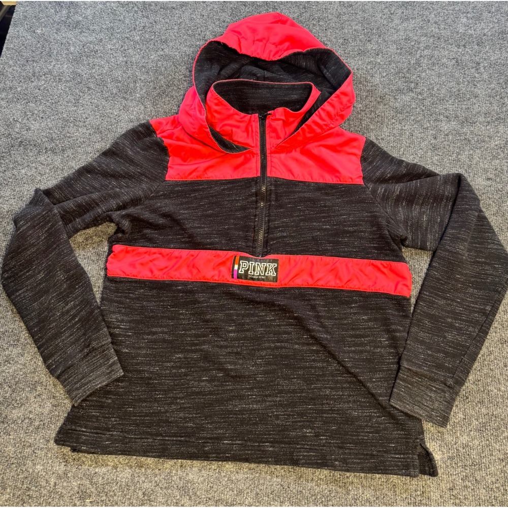 Victorias Secret PINK Half Zip Hoodie Small Gray Neon Pink Colorblock Pullover